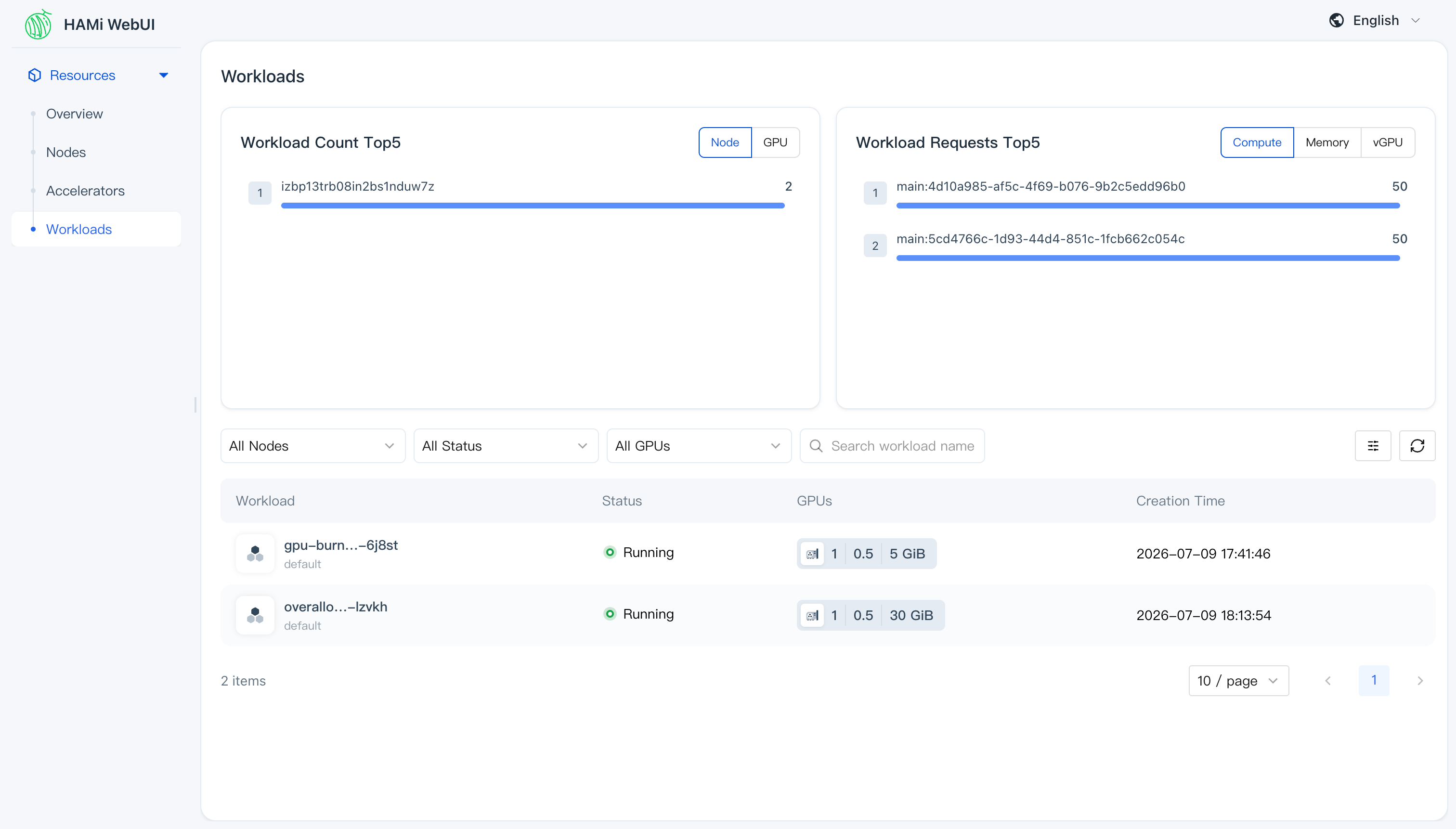 HAMi WebUI Workload List